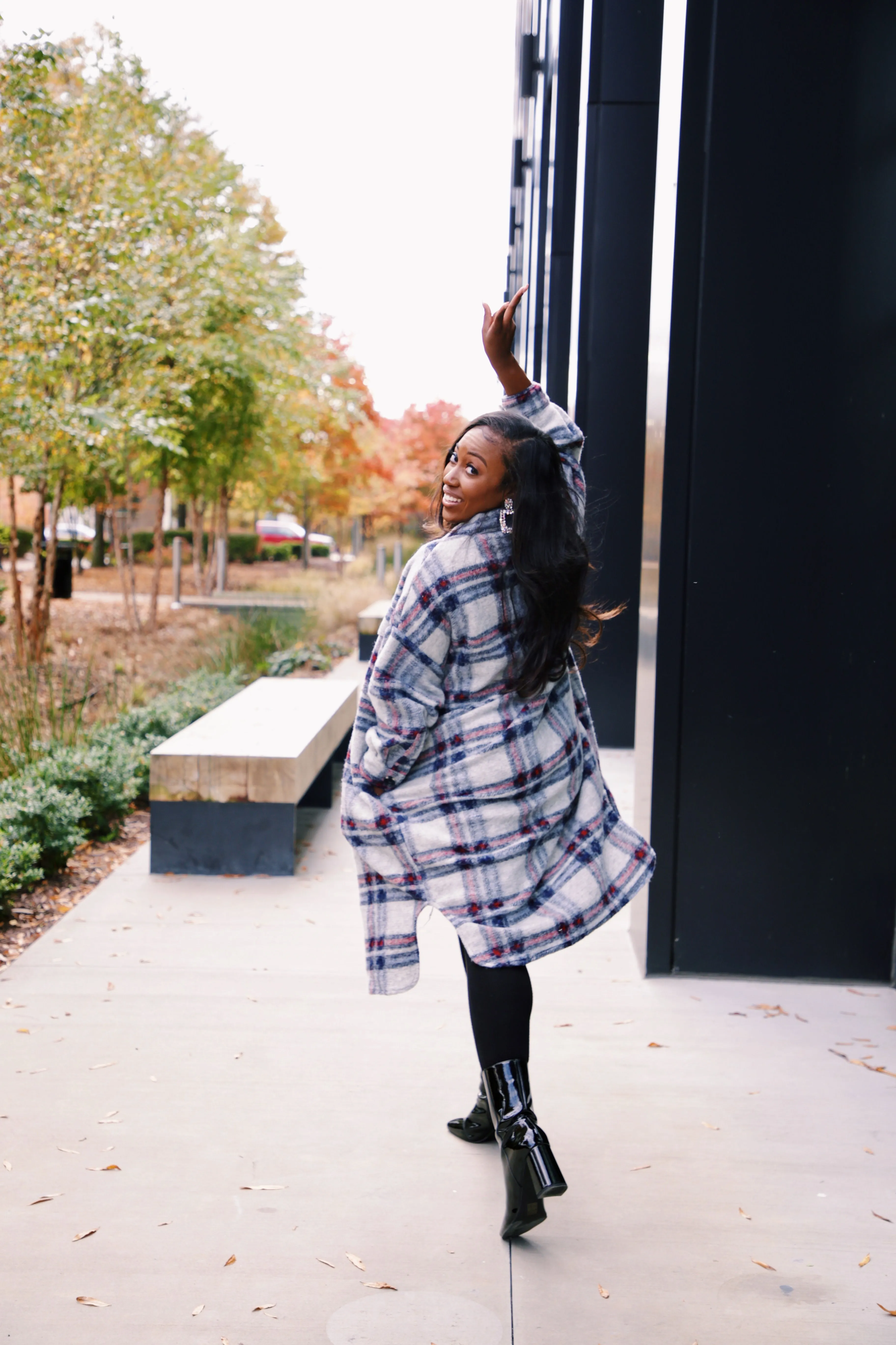 Check In | Plaid Wool Longline Coat | Grey