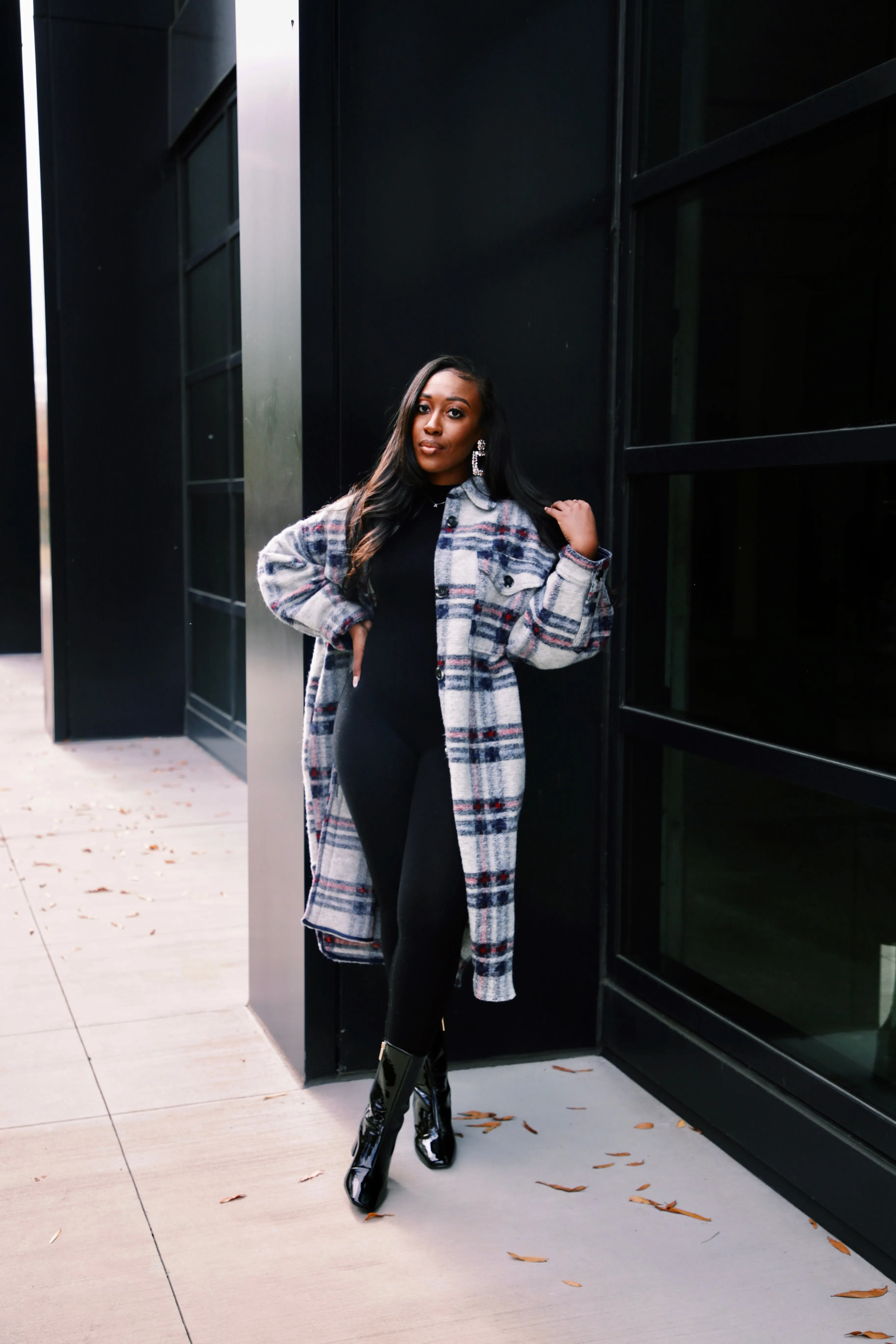Check In | Plaid Wool Longline Coat | Grey