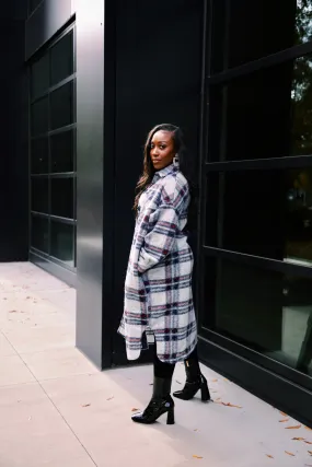Check In | Plaid Wool Longline Coat | Grey