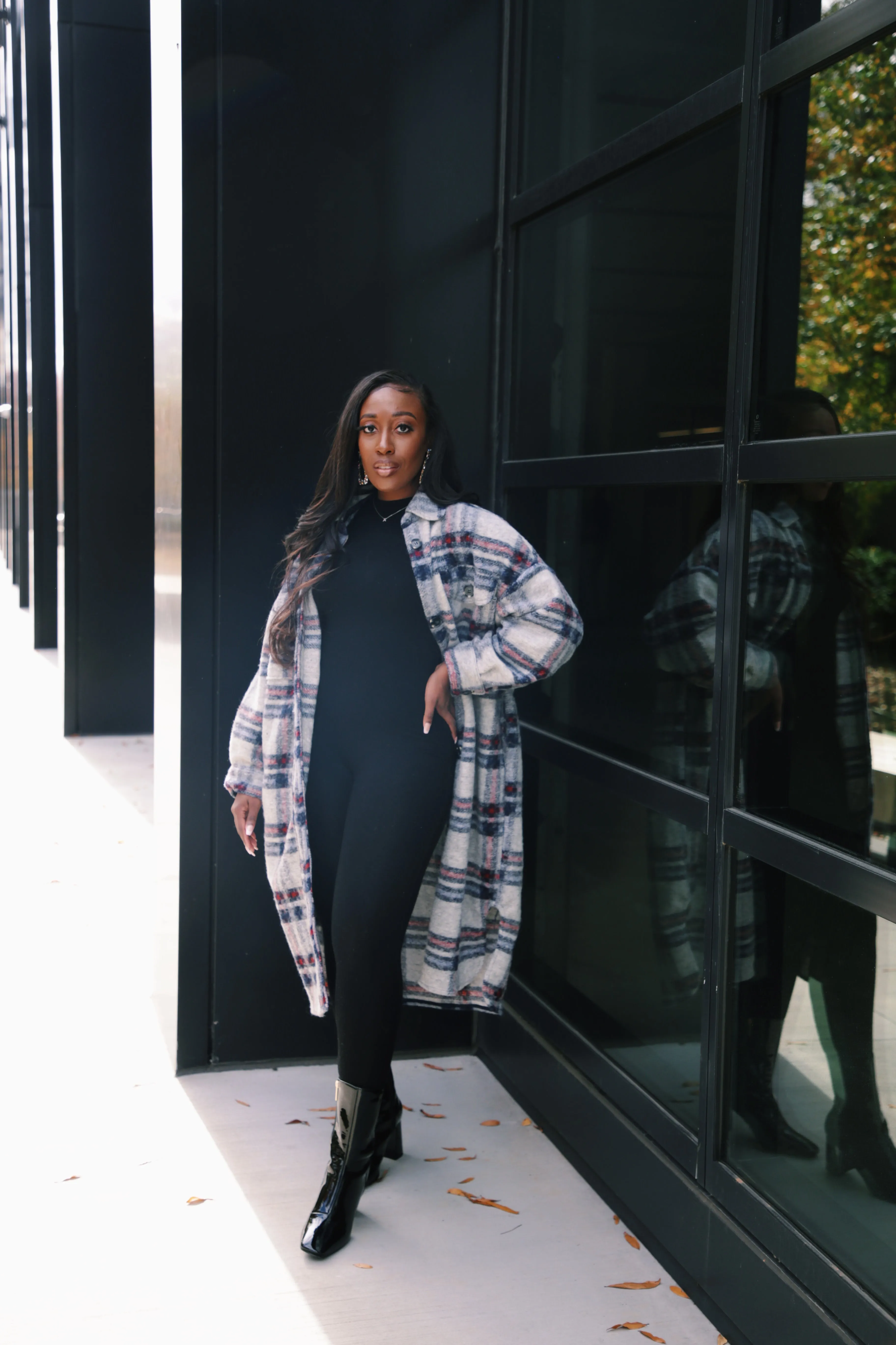 Check In | Plaid Wool Longline Coat | Grey
