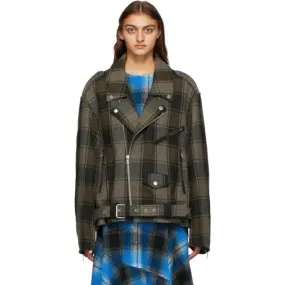Dries Van Noten Khaki and Brown Check Oversized Biker Jacket