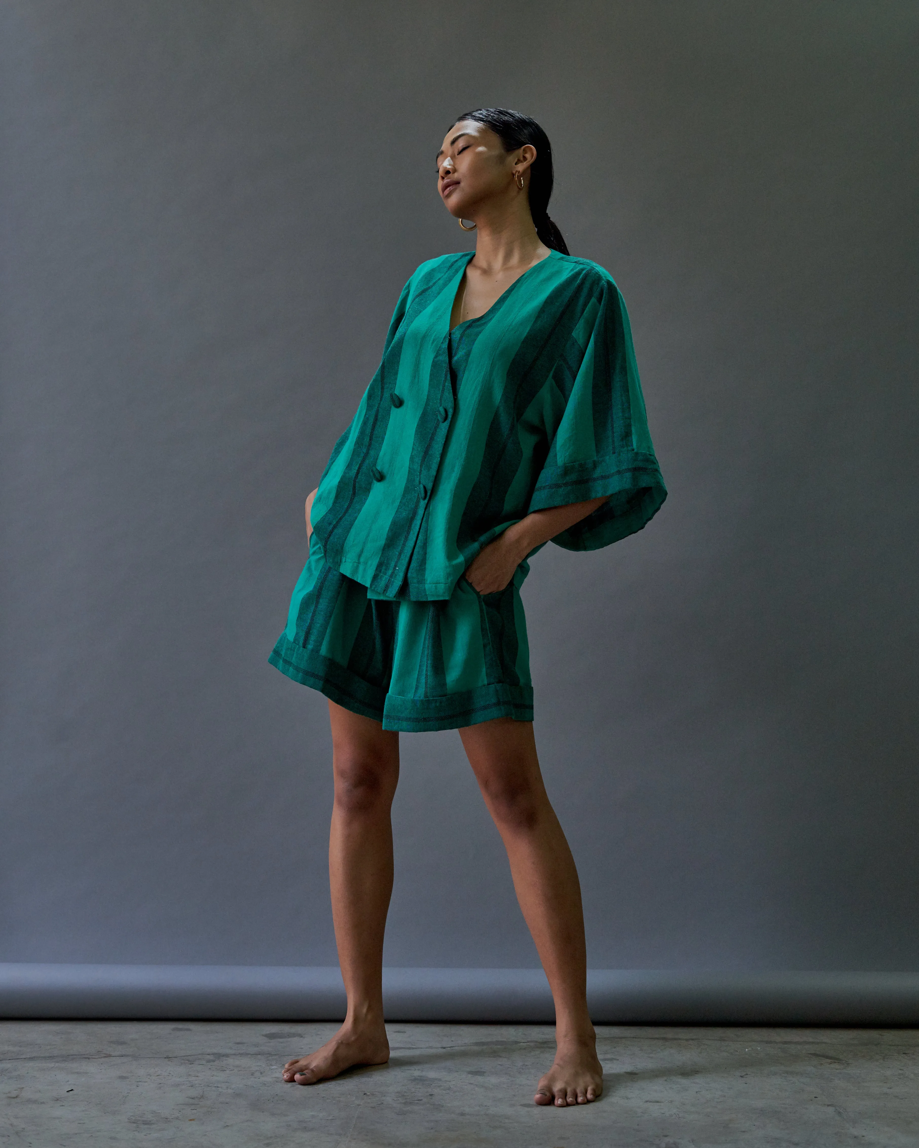 GREEN LINEN DOUBLE BREASTED TOP