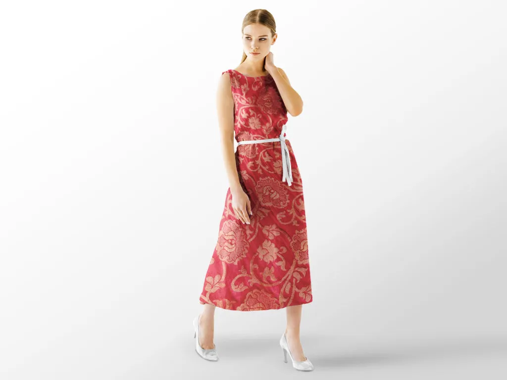 Red Golden Floral Banarasi Taffeta Silk Fabric