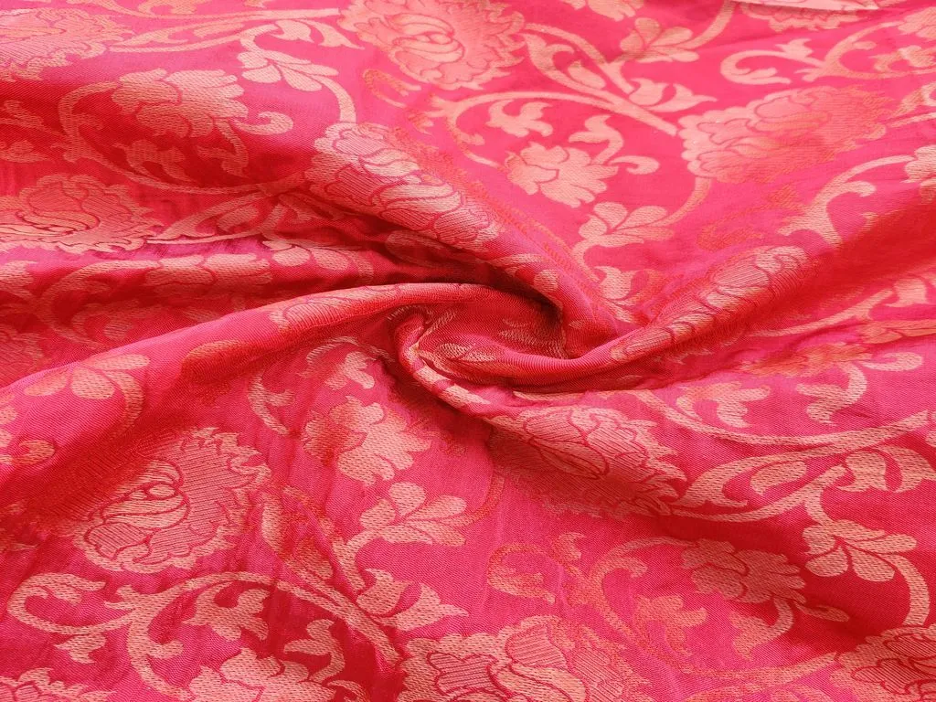 Red Golden Floral Banarasi Taffeta Silk Fabric