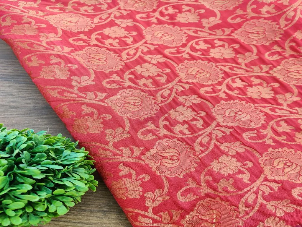Red Golden Floral Banarasi Taffeta Silk Fabric
