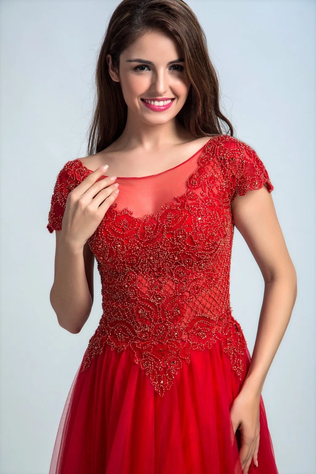 Refined A-line Scoop-Neck Tulle Rhinestone Beaded Appliqued Prom Dresses 2932