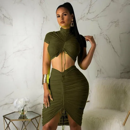Solid Ruched Bandage O-neck Short Tops Mini Dress