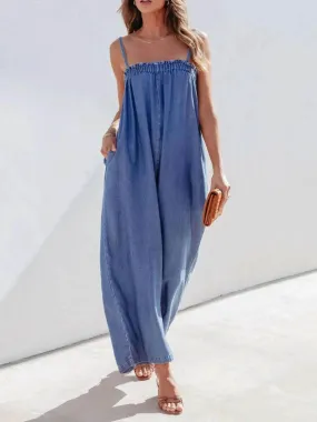 Spaghetti Strap Wide Leg Denim Jumpsuit