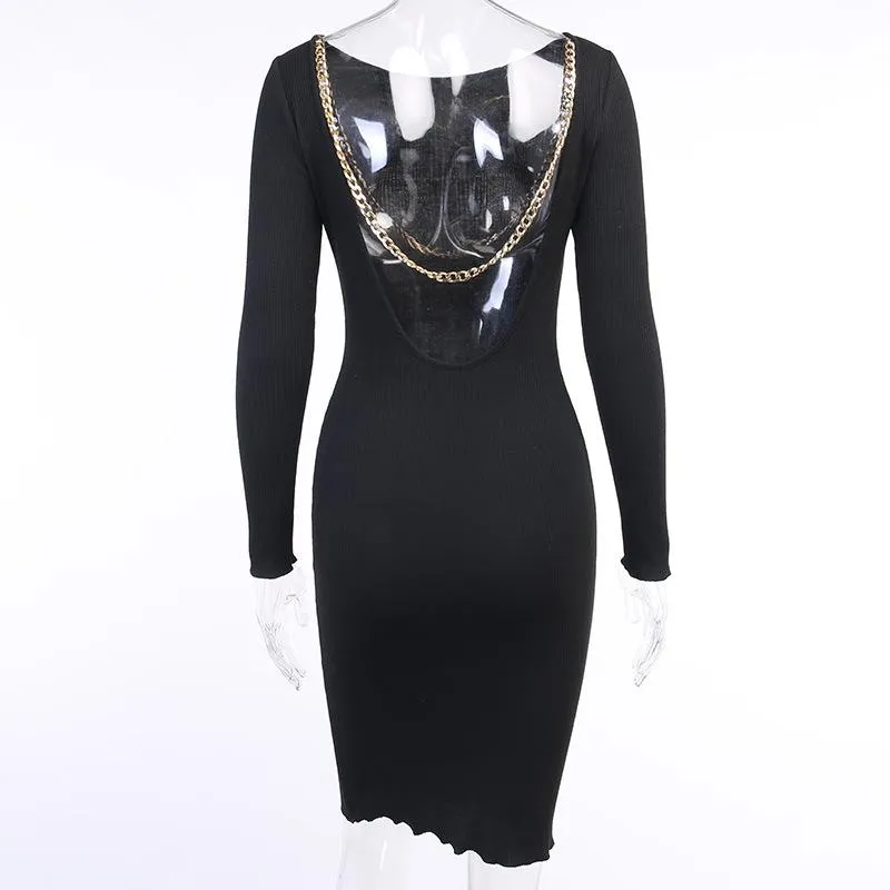 Women's Open Back Long Sleeve Bodycon Party Midi Dresses