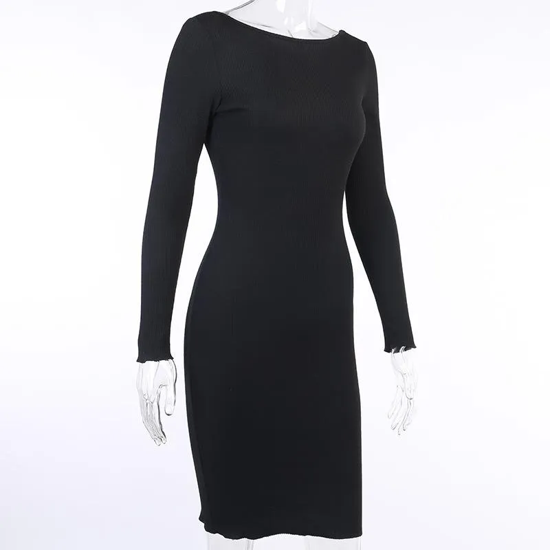 Women's Open Back Long Sleeve Bodycon Party Midi Dresses