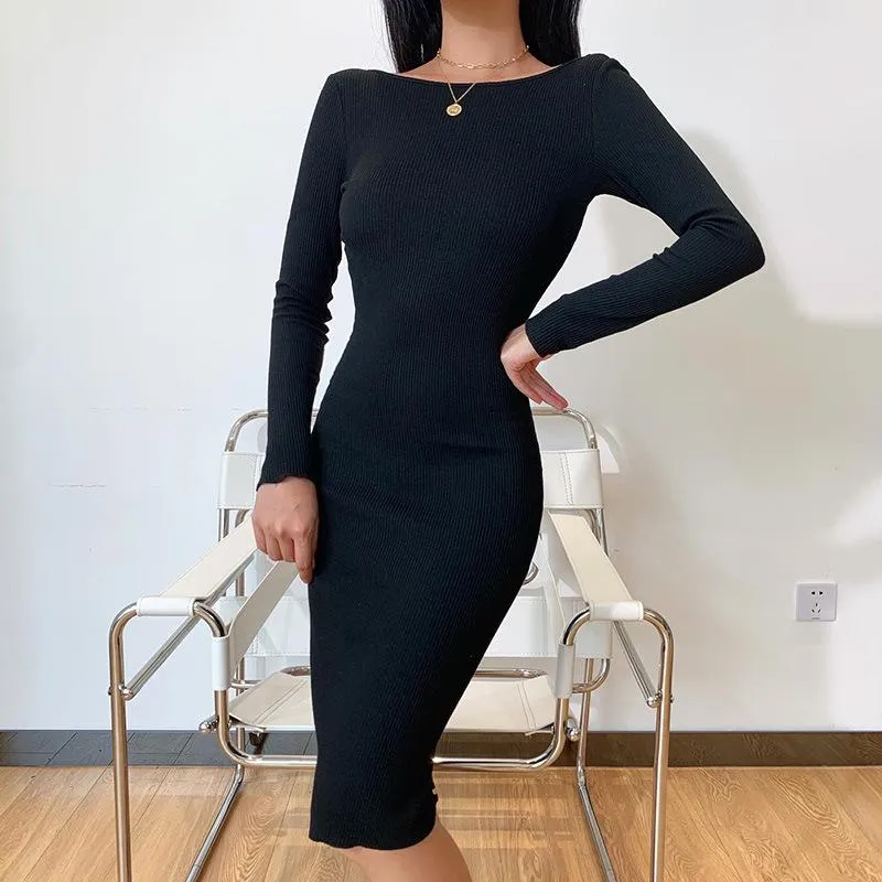 Women's Open Back Long Sleeve Bodycon Party Midi Dresses