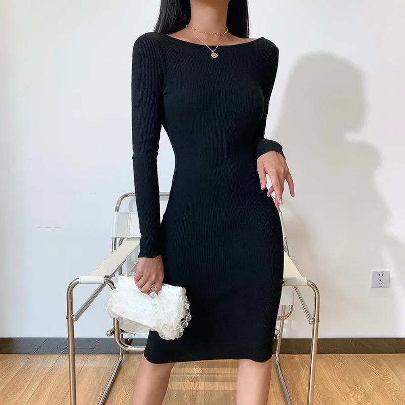 Women's Open Back Long Sleeve Bodycon Party Midi Dresses